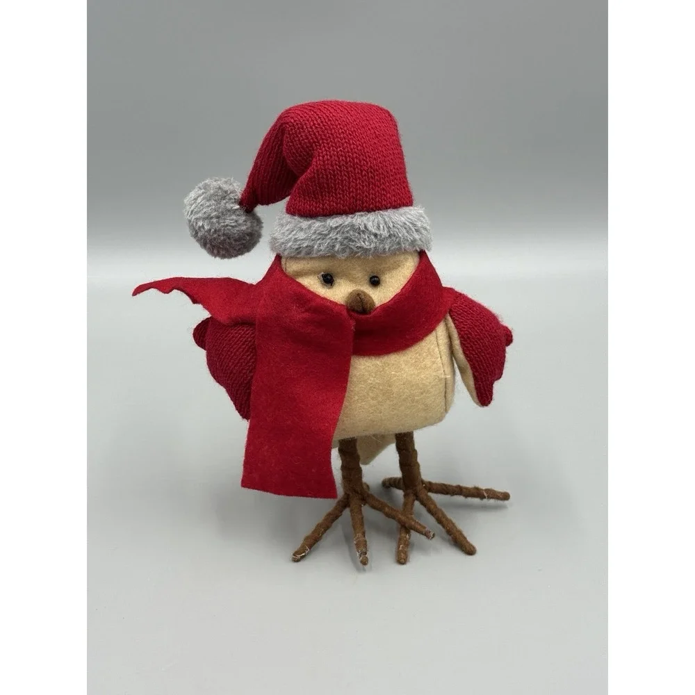 Holiday Bird In Christmas Santa Hat Cap Scarf 7 Inch Figurine Standing